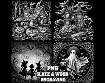 Halloween Engrave Set of 4 PNG, Scary Laser Burn Bundle, Slate Coaster Engraving File Pack, Ghost Slate Coaster, Pumpkin Engraving PNG
