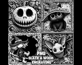 Halloween Slate Engraving Files, Halloween Laser Burn PNG, Glowforge, Spooky Slate Coasters PNG, Laser Burn File, 3D Illusion Laser PNG, CO2
