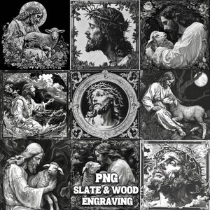 Jesus Gravur PNG Bundle, religiöses Laserbrennen Set mit 9 Dateien, christliches Gravurgeschenk, religiöser Schieferuntersetzer, der Jesus Christ Pack graviert