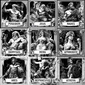 Könnte beinhalten: Schwarzweißillustration der zwölf griechischen Götter und Göttinnen. Die Götter und Göttinnen sind in einer stilisierten, dramatischen Art dargestellt. Jeder Gott und jede Göttin ist mit seinem Namen in einem Banner unter seinem Bild gekennzeichnet. Die Götter und Göttinnen sind: Poseidon, Zeus, Hades, Dionysos, Hera, Aphrodite, Ares, Hephaistos, Athena.