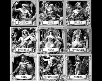 Greek Mythology Engrave Bundle, Greek Gods Engraving PNG Set, Slate Coaster Engraving Art Pack Laser Burn, Zeus Laser Files, Poseidon PNG