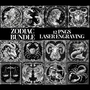 Ensemble de gravures du zodiaque, signe du zodiaque de 12, gravure laser cadeau horoscope fichier PNG, zodiaque ardoise sous-verres gravure astrologie Pack