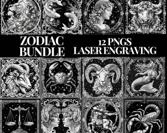Zodiac Engrave Bundle, Zodiac Sign Set of 12, Laser Burn PNG File Horoscope Gift Engraving, Zodiac Slate Coaster Engraving Astrology Pack