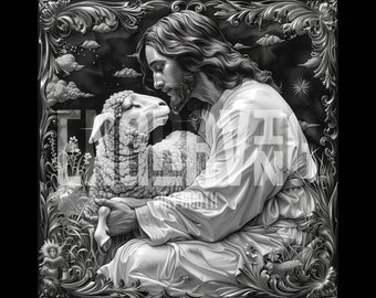 Könnte beinhalten: Schwarz-Weiß-Illustration einer religiösen Figur, die ein Lamm hält. Das Bild ist mit aufwendigen, dekorativen Rahmen versehen und zeigt einen Nachthimmel mit Wolken und Sternen. Die Figur trägt fließende Gewänder.