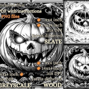 May include: Black and white digital art featuring a grinning jack-o'-lantern with glowing eyes and sharp teeth. The image includes text indicating file details: PDF instructions, 5 PNG files, and size options of 4x4 and 14x14 inches.