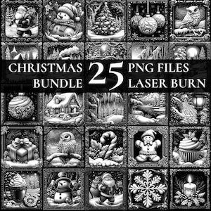 Weihnachtsgravur-Bundle mit 25 Stück, Feiertags-laser Brennen PNG-Datei-Set, Winter Schiefer Untersetzer Gravur 3D Illusion Pack, festliches Mega Bundle