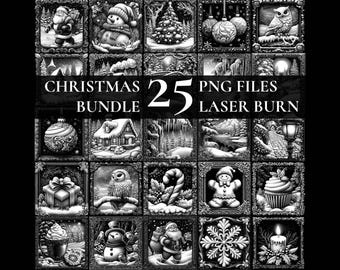 Puede incluir: Un conjunto de 25 archivos PNG en blanco y negro con temática navideña para grabar con láser. Las imágenes incluyen un muñeco de nieve, un árbol de Navidad, una casa de jengibre, un bastón de caramelo, un copo de nieve, una media, una campana, un regalo, un Papá Noel, un búho, un reno, un trineo, una estrella, una corona, una vela, un chocolate caliente, un hombre de jengibre, un cascanueces, un pueblo navideño, una tarjeta navideña, un adorno navideño, luces navideñas, un adorno para la cima del árbol de Navidad y una media navideña.
