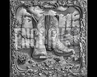 Cowboy Boots Laser Burn 3D Illusion PNG, Cowgirl Boots Engraving File for Glowforge, Western Style Xtool Engrave PNG, Lightburn Digital File