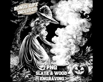 May include: Black and white illustration of a witch in a long dress and hat, stirring a cauldron with smoke billowing out. A jack-o'-lantern and the text "PNG SLATE & WOOD ENGRAVING" are also visible. The words "BONUS GIFT INCLUDED" are in a circle at the top.