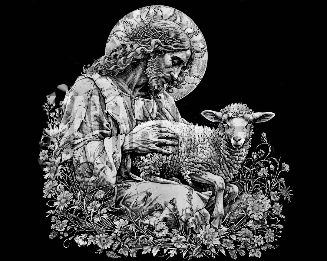 Jesus and a Lamb Engrave PNG, Christian Engraving File, Good Shepherd