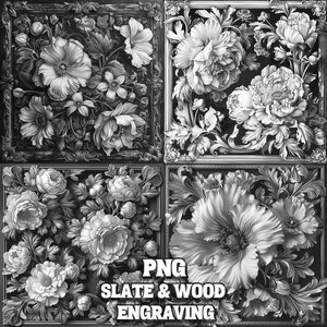 Flowers Engrave Set of 4 PNG, Floral Laser Burn Bundle, Slate Coaster Engraving File Pack, Nature Slate and Wood Coaster Engraving