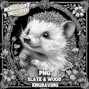 Niedliche Igel Lasergravur PNG, Baby Igel mit Wildblumen PNG, Woodland Critter Schiefer Untersetzer Gravurdatei, Lasergravur bereit