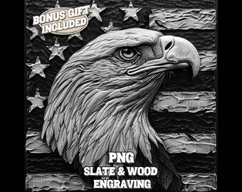 Puede incluir: Diseño de grabado digital en blanco y negro de un águila calva americana con la cabeza girada hacia un lado, sobre un fondo de bandera estadounidense. El diseño está etiquetado como "PNG Slate & Wood Engraving".