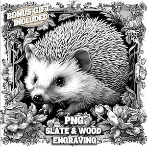 Cute Hedgehog Laser Engraving PNG, Bebê Hedgehog com Flores Silvestres PNG, Woodland Critter Slate Coaster Engrave File, Laser Engrave Ready