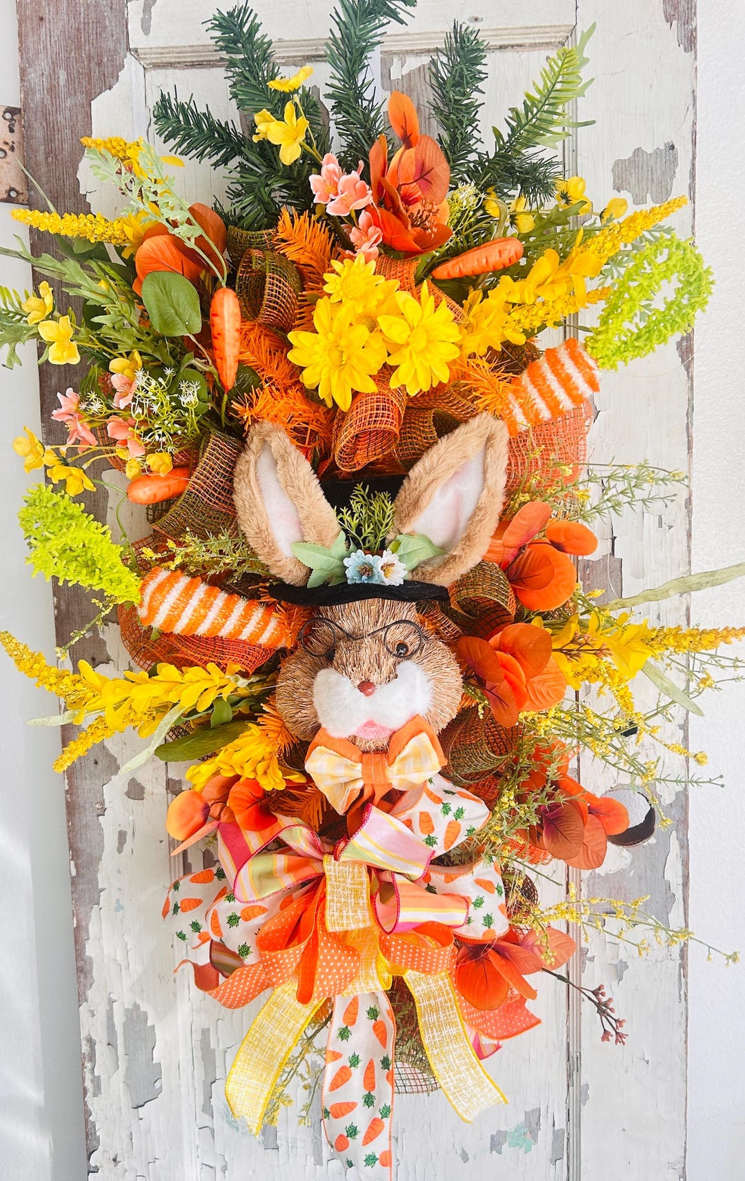 Studious Rabbit XL Bunny Spring Wreath: Studious Rabbit With Carrots - Etsy