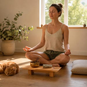 Puede incluir: Una camiseta de tirantes beige y pantalones cortos verde oliva usados por una persona sentada con las piernas cruzadas. Frente a ella, una pequeña plataforma de madera sostiene un cuenco tibetano metálico, un mazo de madera y salvia seca.