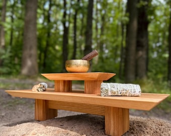 Oak Meditation Altar: Zen Table, Mini Puja Pedestal