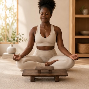 A woman in a beige outfit is sitting in a meditative pose on a wooden stool in a serene, natural setting.