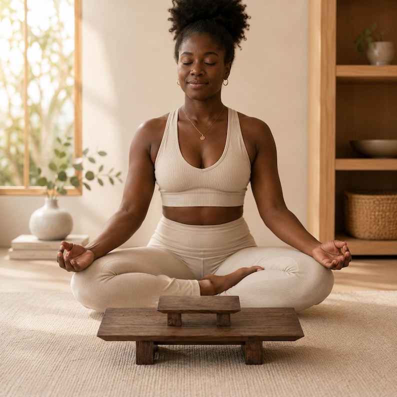 A woman in a beige outfit is sitting in a meditative pose on a wooden stool in a serene, natural setting.