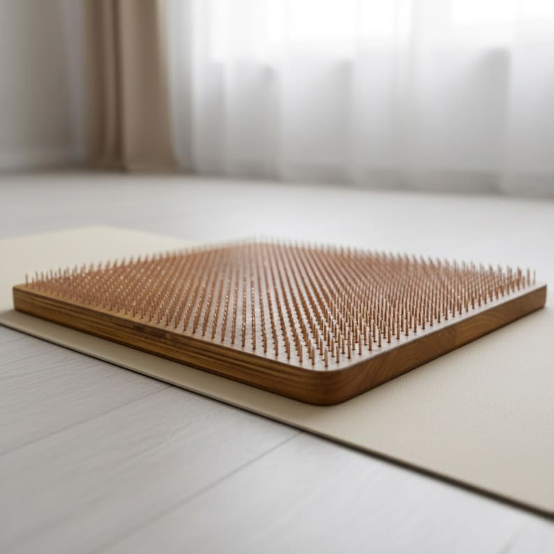 A wooden yoga mat with a textured surface, placed on a white floor.