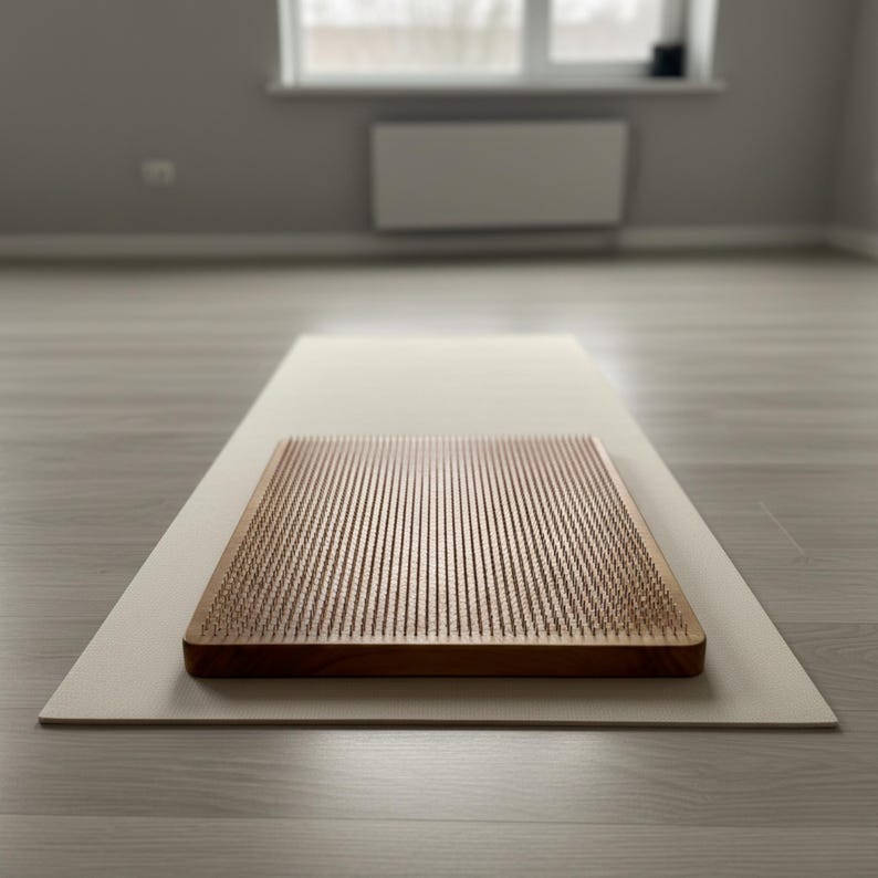 a wooden object, possibly a yoga mat or a mat-like surface, placed on a white mat in a room with a window.