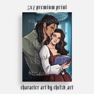 May include: A digital illustration of a couple embracing. The man is wearing a green shirt and the woman is wearing a white and red dress. The woman is holding a blue book. The text "@harperhawthorne" is in the top right corner of the image. The text "character art by chelzd_art" is at the bottom of the image.