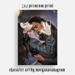 May include: A digital illustration of a couple embracing. The woman has long dark hair and is wearing a blue and white dress. The man has dark hair and is wearing a blue shirt. The background is a starry sky with the text "Blood & Aether" in white.