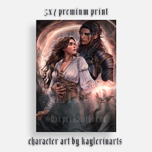 May include: A digital illustration of a couple standing together. The woman has long brown hair and is wearing a white shirt with a brown belt. The man has short brown hair and is wearing a dark blue shirt with a brown leather jacket. The background is a blurred image of a forest.