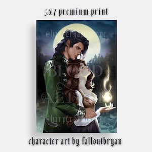 May include: 5x7 premium print of character art by falloutbryan. The artwork depicts a couple embracing in front of a full moon. The man wears a green coat, and the woman holds a glowing flame. The print has the text "BLOOD ART" and "@harperthorne".