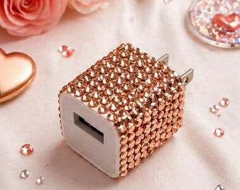 Caricabatterie per telefono color oro rosa tempestato di strass, blocco USB da parete con strass, accessorio tecnologico carino e civettuolo, regalo scintillante per lei