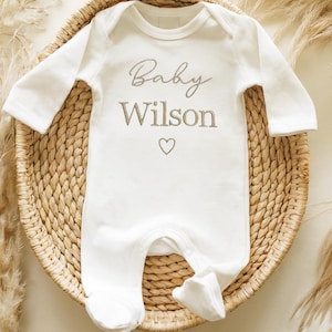 Embroidered Personalised Name Baby Sleepsuit, New Baby, Newborn Baby Gift, Personalised Surname Baby Vest Baby Announcement Baby Shower 001