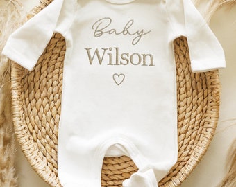 Embroidered Personalised Name Baby Sleepsuit, New Baby, Newborn Baby Gift, Personalised Surname Baby Vest Baby Announcement Baby Shower 001
