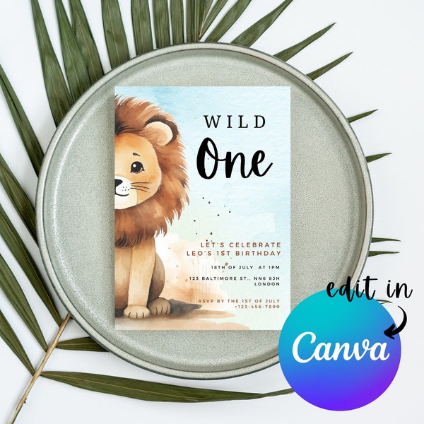 EDITABLE Wild One Lion Birthday Invitation, Boy Birthday Invitation, Wild One 1st 2nd Birthday Invite Printable template, Instant Download