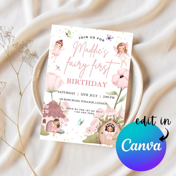 EDITABLE Fairy First Birthday Invitation, 1st Birthday Invite, fairy invitation, 1st birthday girl, fairy 1st birthday, Instant Download