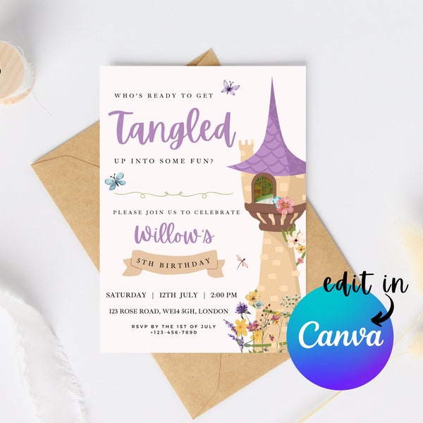 EDITABLE Tangled Rapunzel Birthday Invitation, Princess Birthday Invite, Tangled birthday invitation, Princess Party invite Instant Download