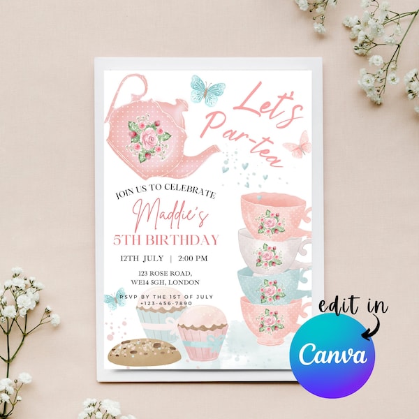 EDITABLE Let's Par-tea Birthday Invitation, Tea Party Birthday, Princess Party, Tea Party Invitation, High Tea Party, Instant Download