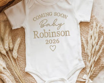 Embroidered Personalised Coming Soon Baby Vest, Name Bodysuit, New Baby Gift, Newborn Gift, Personalised Surname, Baby Announcement 001