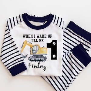 Personalised When i wake up I&#39;ll be One Pyjama Set, 1year old Birthday PJs, Birthday Pyjama, Birthday shirt, Boys Construction Pjs, kids pjs