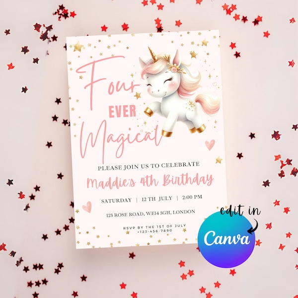 EDITABLE Four Ever Magical Unicorn Birthday Invitation, 4th Birthday Party, Unicorn Birthday Party, Unicorn Invite Party Instant Download