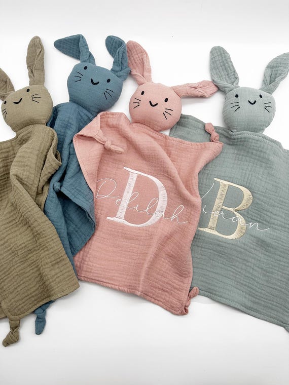 Personalized Embroidered Bunny Comforter: Muslin Baby Blanket