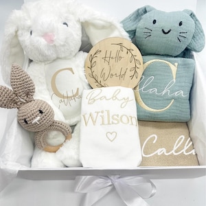 Personalizowane neutralne pudełko prezentowe dla noworodka, zestaw prezentowy dla dziecka, prezent dla nowego dziecka, prezent na baby shower, kosz dla noworodka, kocyk dla dziecka, prezent dla noworodka
