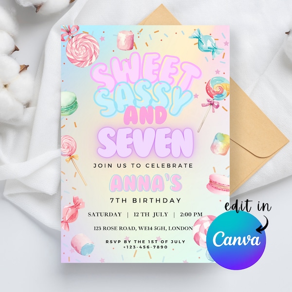 EDITABLE Sweet, Sassy and Seven Birthday Invitation, Candy Party Birthday, Sweet Candy Party invite 7th girl birthday Party Instant Download
