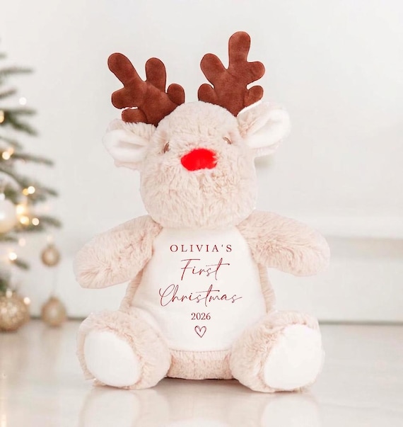 Personalised Christmas Teddy, Name 1st Christmas Reindeer, 1st Christmas Toy, Baby First Christmas, Christmas Baby Gift, Reindeer Soft Toy