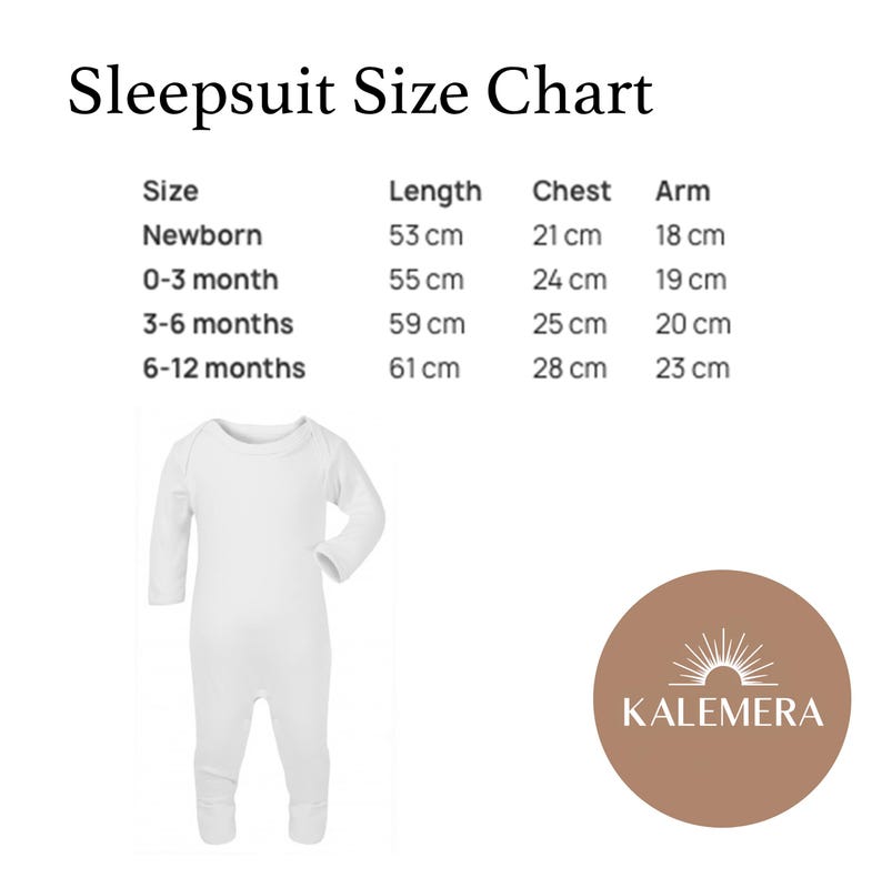 May include: A white baby sleeps suit with a size chart. The chart includes measurements for newborn, 0-3 months, 3-6 months, and 6-12 months. The length measurements range from 20.8 inches to 24 inches. The chest measurements range from 8.2 inches to 11 inches.