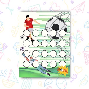 Pode incluir: Um gol de futebol verde e branco com uma bola de futebol preta e branca na rede. Há 25 círculos brancos no fundo verde. O texto "GOAL" está em uma estrela amarela. Um jogador de futebol de desenho animado com uma camisa vermelha e branca está chutando a bola. Um goleiro de desenho animado com uma camisa azul está mergulhando para bloquear a bola.