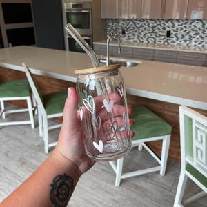 Heart Glass Tumbler with Straw | Pink, White & Rose Gold Heart Cup | Iced Coffee Tumbler with Bamboo Lid