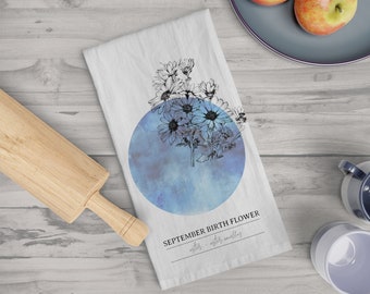 September Aster Birth Month 100% Cotton Tea Towel