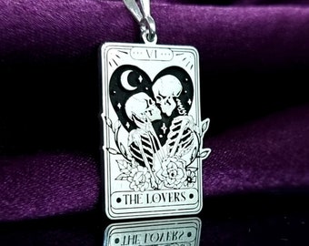 925 Sterling Silver The Lovers Tarot Card Necklace, Lovers Heart Skull Pendant, Skeleton Love Tarot Card Charm, Witchy Gothic Halloween Gift