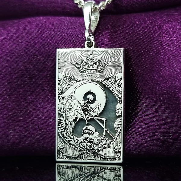 Silver Death Tarot Card Necklace, Grim Reaper Skeleton Pendant, Personalized Halloween Jewelry, Symbolic Memento Mori Gift, Angel of Death