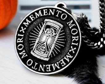 Memento Mori Silver Pendant Necklace, Customizable Gothic Halloween Necklace,  Occult Pendant Dark Fashion, Skull and hourglass design gift
